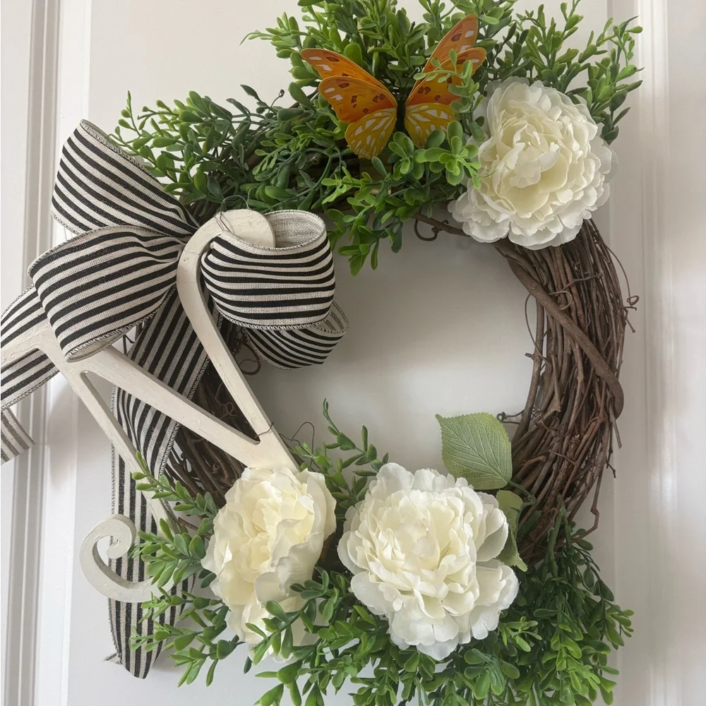 White Peony & Grapevine Wreath Greenery w/ Black Striped Burlap Bow Final Sale